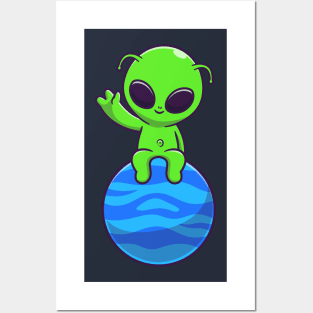 Cute Alien Sitting On Planet with Waving Hand Cartoon Posters and Art